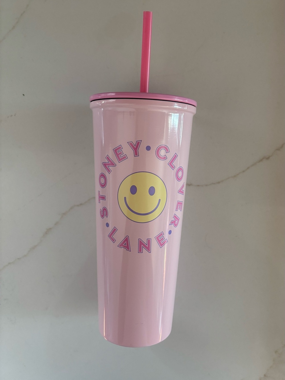 Stoney Clover Lane Pink Smiley Tumbler with Straw